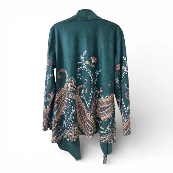 Soft Surroundings Faux Suede Paisley Open Front Waterfall Jacket Boho M NWT - Picture 2 of 10